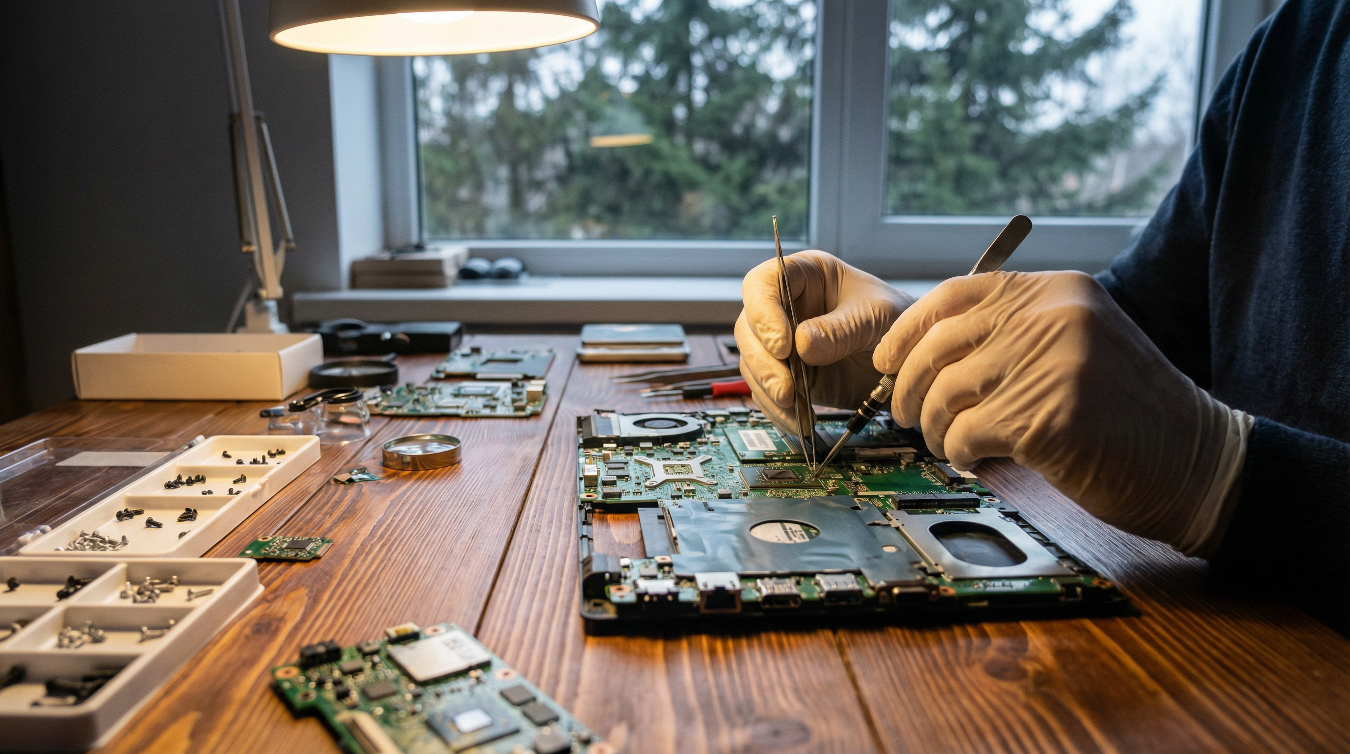 Computer repair technician in Crestline CA working on laptop motherboard